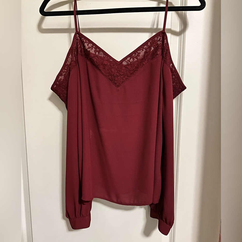 Express burgundy cold shoulder lace trim blouse — size M
